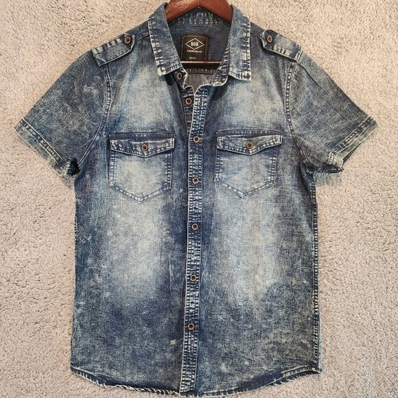 Rok Shirt Mens Size Small Blue Button Up Short Sleeve Y2K Retro Denim - Picture 1 of 7